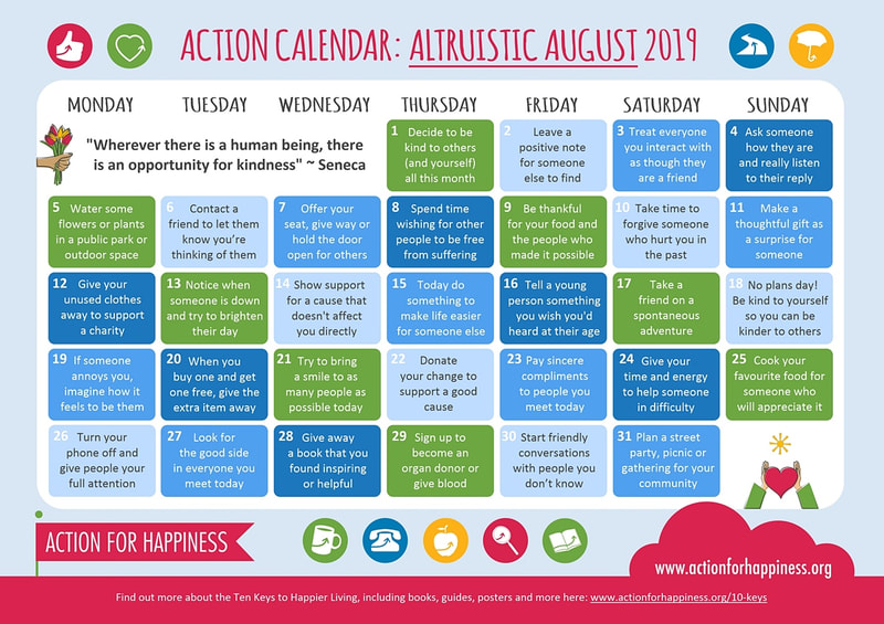 Archive Action Calendar - Altruistic August 2019 (image courtesy of actionforhappiness.org)
