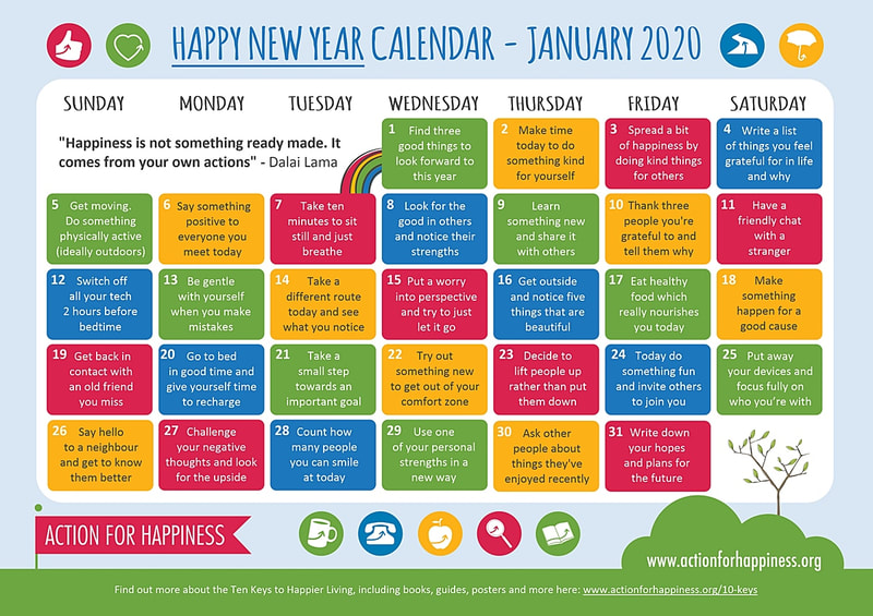 Archive Action Calendar - Happy New Year January 2020, image is courtesy of www.actionforhappiness.org