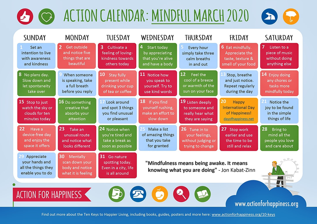 Action Calendar - March 2020 - image courtesy of actionforhappiness.org