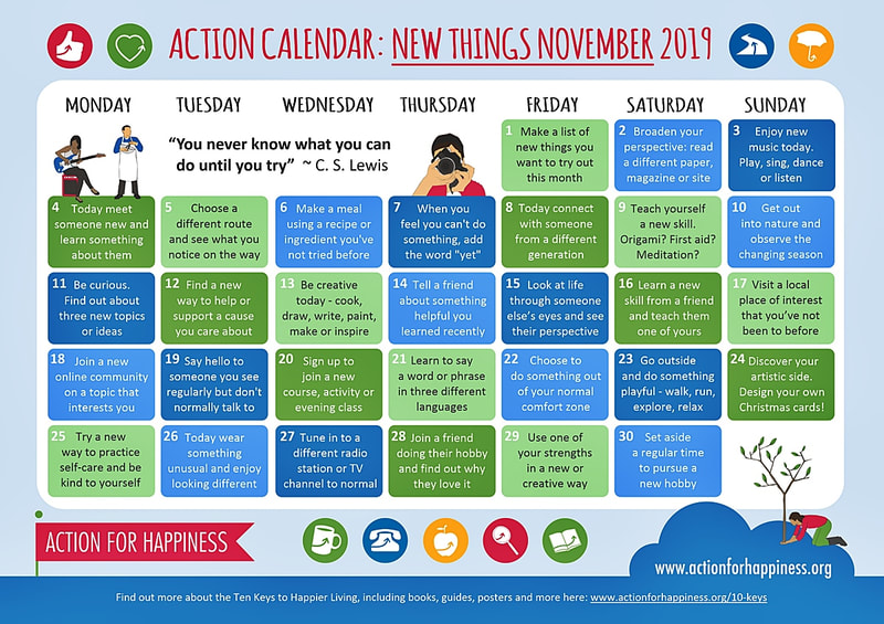 Archive Action Calendar - New Things November 2019, image is courtesy of www.actionforhappiness.org