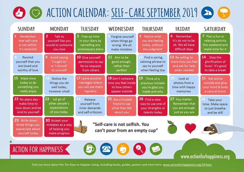 Archive Action Calendar - Self-Care September 2019 (image courtesy of actionforhappiness.org)