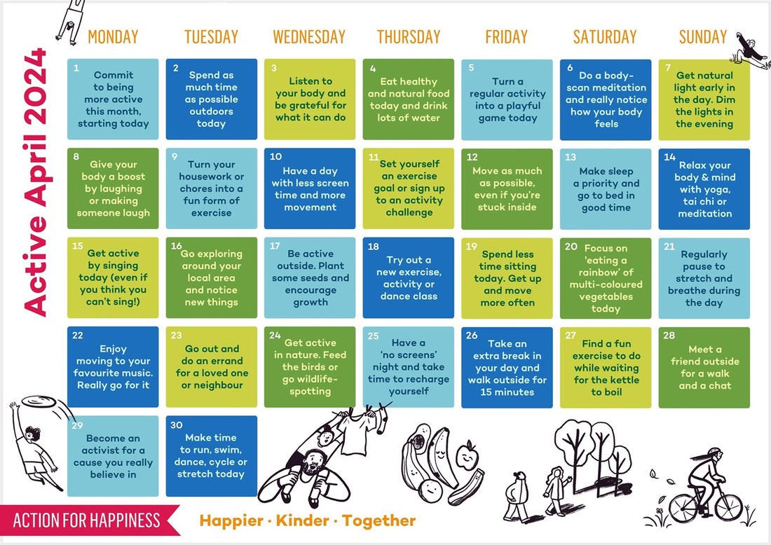 'Active April' 2024 Calendar (image) - courtesy of Action For Happiness.org