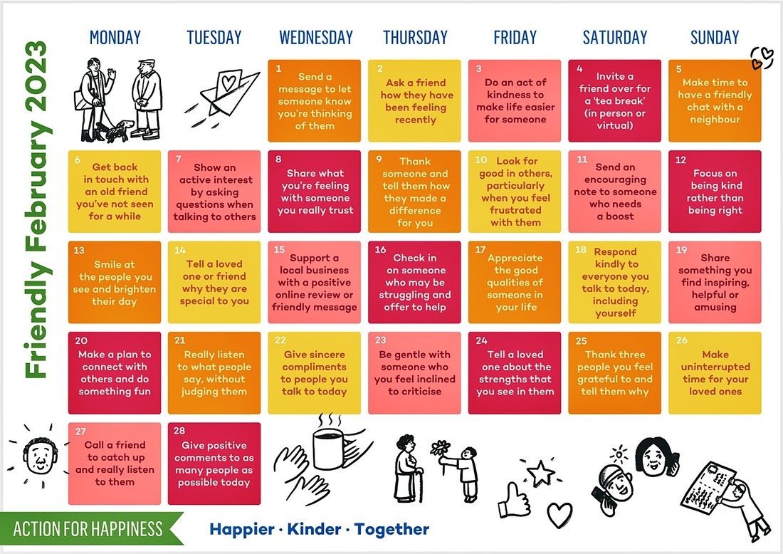 Friendly February 2023 Action For Happiness Calendar (image)