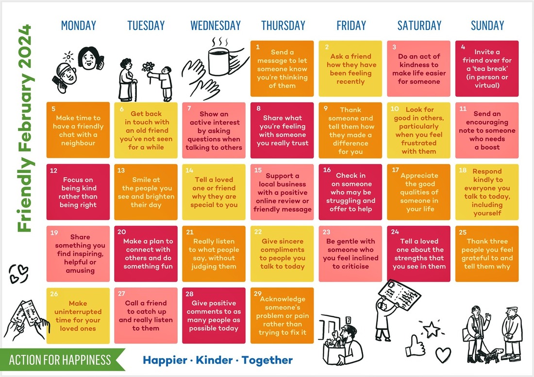 'Friendly February' 2024 Calendar - courtesy of Action For Happiness (image)