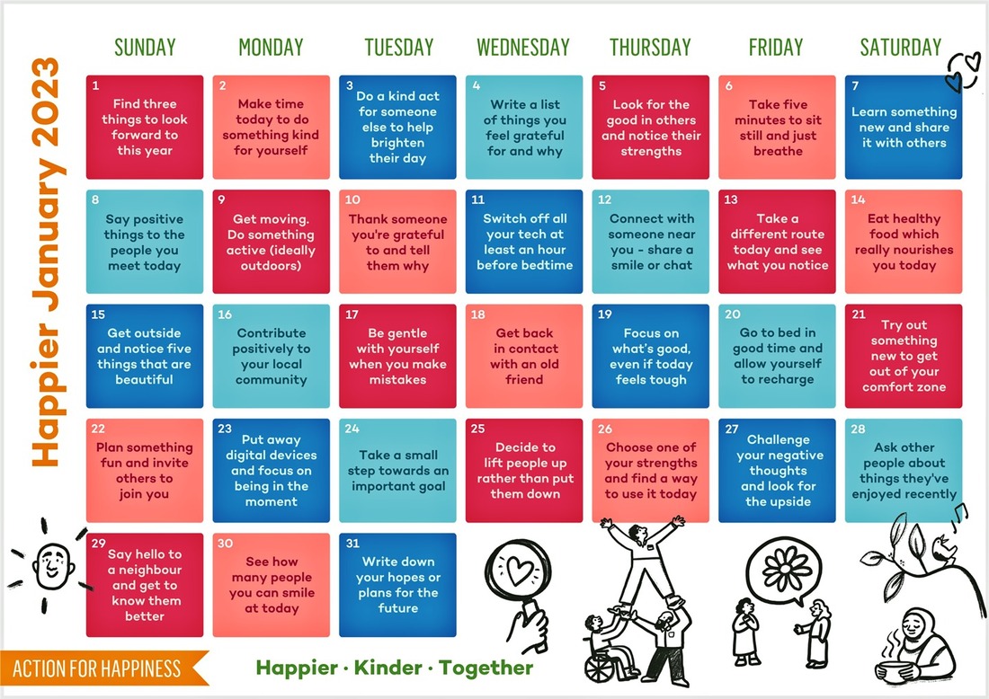 Happier January 2023 Action For Happiness Calendar