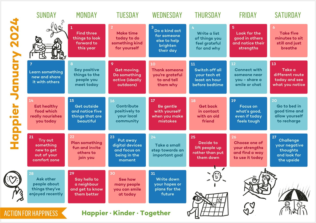 Happier January 2024 Calendar - courtesy of Action For Happiness. (image)