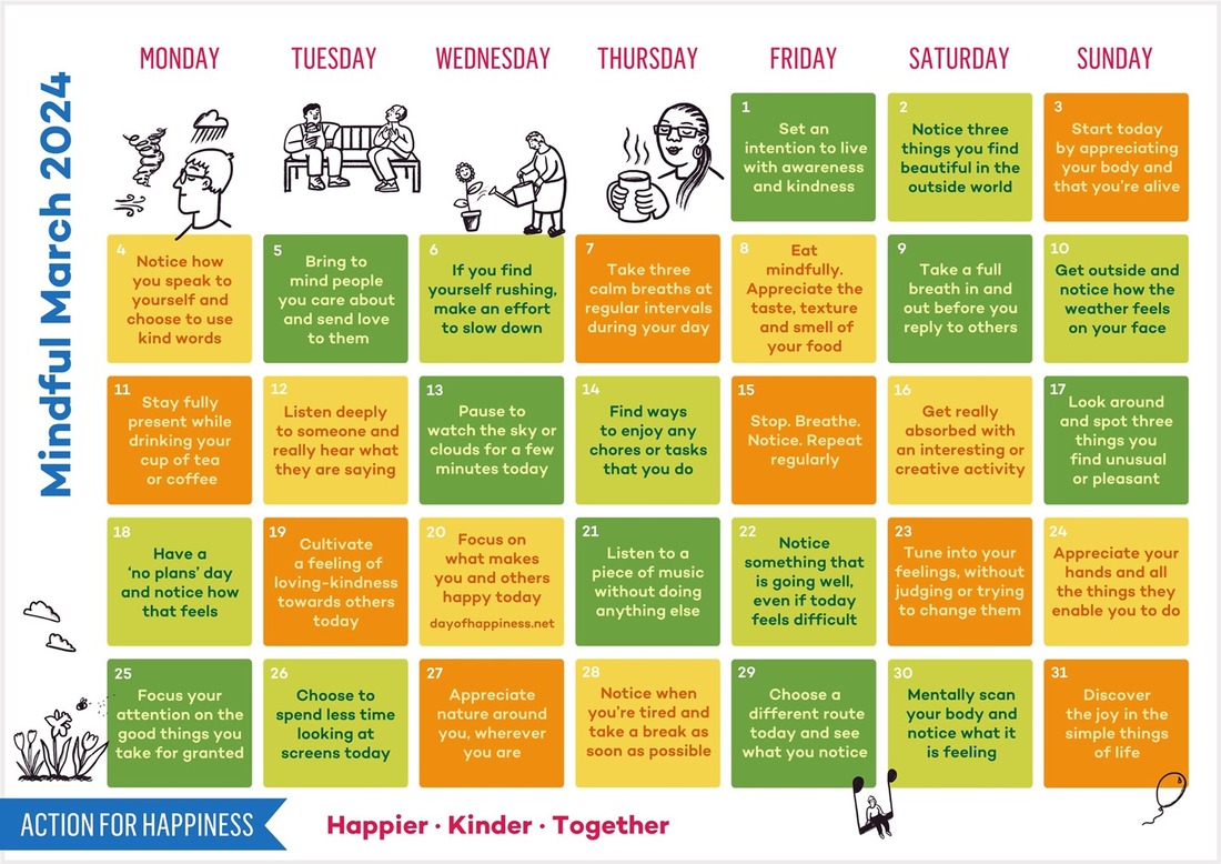'Mindful March' 2024 Calendar from Action For Happiness (image)