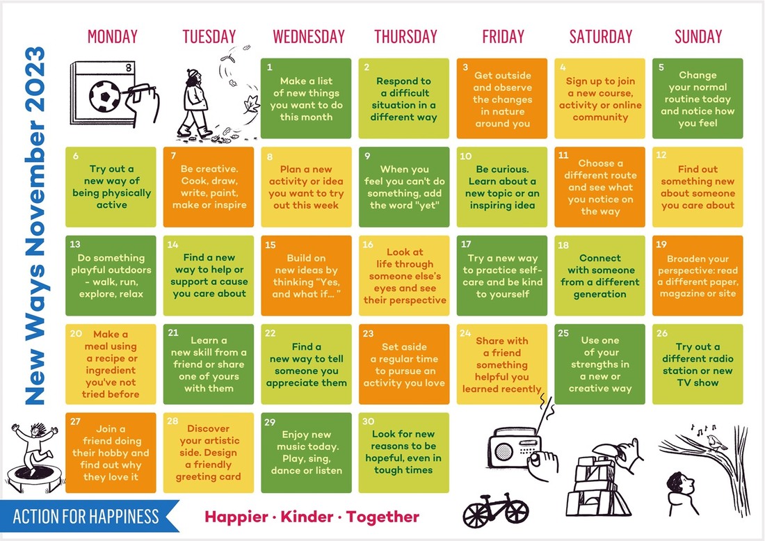 New Ways November 2023 - Action for Happiness Calendar (image)